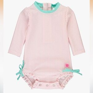 Ruffle Butts Pink Seersucker Long Sleeve One Piece Rash Guard Swimsuit